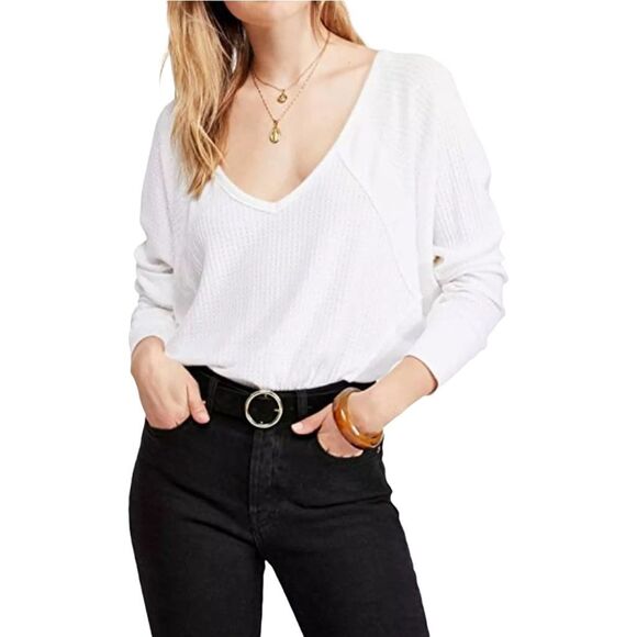 Free People Santa Clara Thermal Long Sleeve V-Neck Top - Size Large - Alabaster - Picture 1 of 5